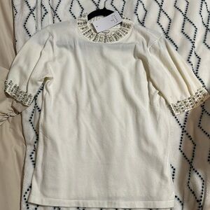 Ember cream holiday sweater with pearl and rhinestone embellishments